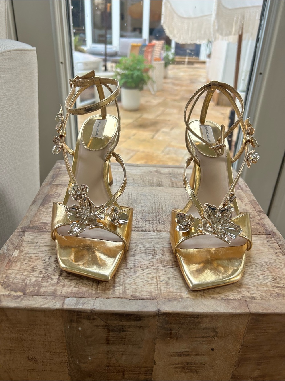 ANTONIO MELANI Gold Floral Embellished Ankle-Strap Heels